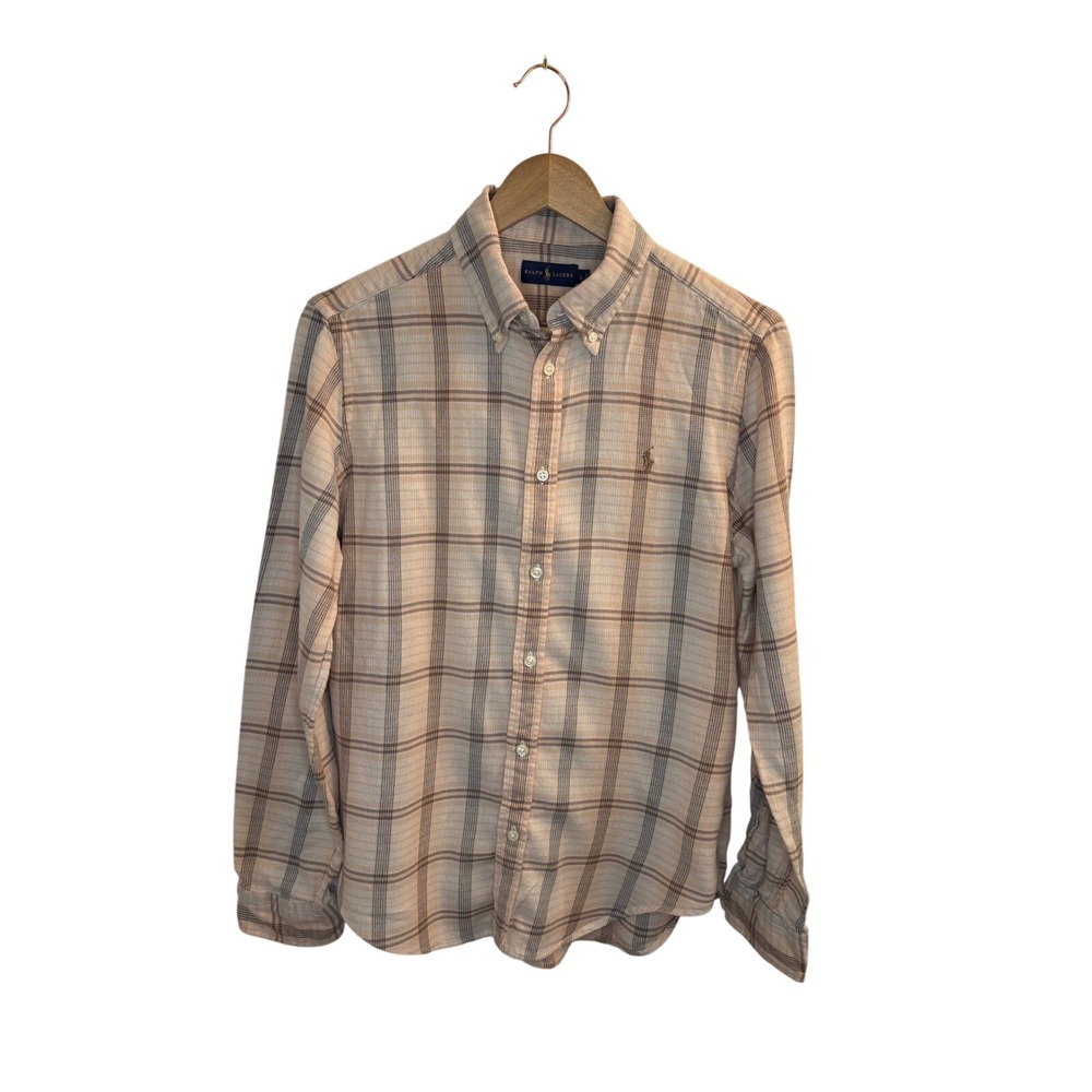 Ralph Lauren Men's  Large Tan Brown Plaid Flannel Button Down Shirt Cotton L